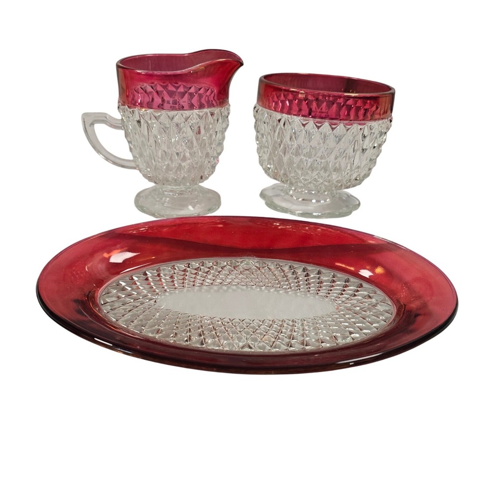 Vt Ruby Flashed Diamond Point Creamer Sugar Set with Oval Tray 3pc Indian Glass